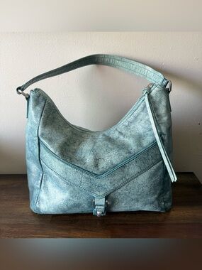 Botkier Teal Distressed Leather Hobo Zip Top Shoulder Bag EUC